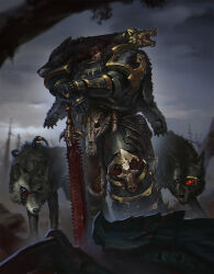  1boy animal_ears armor artificial_eye black_armor black_hair blood blood_stain chainsword commentary english_commentary fangs gem glowing glowing_eyes gold_trim grohgrog highres mechanical_eye pelt ragnar_blackmane red_gemstone runes sharp_teeth skull_ornament space_wolves teeth tube warhammer_40k wolf wolf_ears wolf_ornament wolf_pelt yellow_eyes 