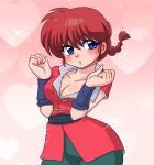  1girl bangs black_pants blue_eyes blush braid breasts chinese_clothes cleavage female genderswap genderswap_(mtf) heart heart_background highres looking_at_viewer medium_breasts pants parted_lips pink_background ranma-chan ranma_1/2 red_shirt redhead saotome_ranma shirt short_hair short_sleeves single_braid solo sparkle standing tangzhuang upper_body wantan-orz wristband 