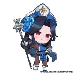  1girl belt black_belt black_hair blue_flower blue_hat blue_rose blue_tabard boots braid breasts chibi commentary cross cross_earrings earrings english_commentary flower foreshortening full_body gloves goddess_of_victory:_nikke gradient_hair hair_flower hair_ornament hat highres holding holding_staff jewelry large_breasts light_blush long_hair looking_at_viewer mage_staff maiden_(ice_rose)_(nikke) maiden_(nikke) multicolored_hair no_nose official_art pouch red_eyes rose solo staff standing tabard thigh_pouch totatokeke very_long_hair white_footwear white_gloves white_hat 