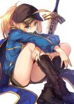  1girl ahoge bangs bare_legs baseball_cap black_hat blonde_hair blue_eyes blue_jacket blush boots breasts brown_boots brown_shorts closed_mouth commentary_request cross-laced_footwear eyebrows_visible_through_hair fal_maro fate/grand_order fate_(series) hair_between_eyes hat head_tilt heroine_x highres jacket knee_boots knees_up lace-up_boots leaning_forward long_hair long_sleeves looking_at_viewer ponytail saber shorts simple_background sitting small_breasts smile solo sword thighs track_jacket weapon white_background 