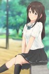  1girl black_legwear black_skirt blue_eyes blurry blush breasts brown_hair commentary_request depth_of_field highres long_hair looking_at_viewer pleated_skirt school_uniform seiren short_sleeves side_ponytail skirt smile solo taka-chan tsuneki_hikari 