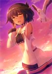  1girl arm_up bare_shoulders bird black_hair clouds crop_top dark_skin folded_ponytail hair_ornament looking_at_viewer midriff momo_no_kanzume open_mouth original seagull short_hair skirt sky smile solo sunset wreath yellow_eyes 