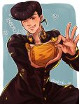  1boy anchor_symbol black_hair earrings gakuran green_eyes grin heart higashikata_jousuke io_(ike_ike) jewelry jojo_no_kimyou_na_bouken male_focus one_eye_closed peace_symbol pin pompadour school_uniform smile solo stud_earrings translation_request 