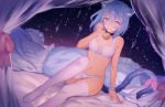  1girl animal_ears bed blue_eyes blue_hair blush bra canopy_bed cat_ears cat_tail freckles highres k_(sktchblg) looking_at_viewer navel on_bed original panties pillow pink_ribbon ribbon short_hair smile solo tail tail_ribbon thigh-highs underwear underwear_only white_bra white_legwear white_panties 