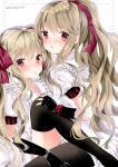  2girls blush brown_hair fingerless_gloves gloves long_hair looking_at_viewer multiple_girls nanase_nao open_mouth original ponytail red_eyes siblings thigh-highs twins twintails 