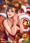  1girl bare_shoulders breasts brown_eyes brown_hair cleavage collarbone dragon eastern_dragon glasses long_hair medium_breasts mei_(overwatch) nudtawut_thongmai overwatch smile snowball_(overwatch) solo 