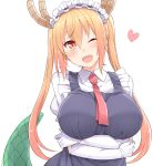  1girl ;d bangs blush breast_hold breasts dragon_girl dragon_horns dragon_tail elbow_gloves fang gloves hair_between_eyes hasu_(hk_works) heart horns kobayashi-san_chi_no_maidragon large_breasts long_hair looking_at_viewer maid maid_headdress one_eye_closed open_mouth orange_hair puffy_short_sleeves puffy_sleeves red_eyes short_sleeves slit_pupils smile solo tail tooru_(maidragon) twintails upper_body white_gloves 