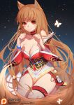 1girl ahri ahri_(cosplay) animal_ears breasts brown_hair cleavage commentary cosplay holo korean_clothes large_breasts league_of_legends long_hair low_neckline red_eyes sky smile songjikyo spice_and_wolf star_(sky) starry_sky wolf_ears 
