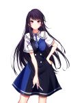  1girl black_hair grisaia_(series) grisaia_no_kajitsu hand_on_hip holding holding_weapon long_hair looking_at_viewer sakaki_yumiko simple_background solo tsugaru_(co-walker) violet_eyes weapon white_background 