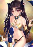  1girl armlet bare_shoulders black_hair breasts cleavage crown earrings fate/grand_order fate_(series) hair_ribbon hakuishi_aoi hoop_earrings ishtar_(fate/grand_order) jewelry long_hair looking_at_viewer navel open_mouth red_eyes ribbon single_thighhigh sitting smile solo thigh-highs tohsaka_rin two_side_up 