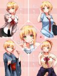  1girl bangs black_eyes blonde_hair blue_eyes breasts character_name cleavage cosplay green_eyes hayami_kanade hayami_kanade_(cosplay) highres ichinose_shiki ichinose_shiki_(cosplay) idolmaster idolmaster_cinderella_girls japanese_clothes jougasaki_mika jougasaki_mika_(cosplay) kimono looking_at_viewer miyamoto_frederica parted_bangs ponytail ryuu. shiomi_shuuko shiomi_shuuko_(cosplay) short_hair sketch solo translated v yellow_eyes 