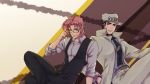  2boys adjusting_glasses black_hair blue_eyes coat earrings glasses hand_in_pocket hat highres jewelry jojo_no_kimyou_na_bouken kakyouin_noriaki kuujou_joutarou legs_crossed male_focus multiple_boys redhead scar scar_across_eye tanako_(645316096) turtleneck vest what_if yellow_eyes 