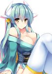  1girl arm_support bangs blue_hair blush breasts cleavage closed_mouth dragon_horns eyebrows_visible_through_hair fate/grand_order fate_(series) from_side hair_ornament horns japanese_clothes kimono kiyohime_(fate/grand_order) knees_up large_breasts long_hair long_sleeves looking_to_the_side obi off_shoulder ryokushiki_(midori-ya) sash sidelocks sitting smile solo thigh-highs white_legwear wide_sleeves yellow_eyes 