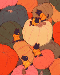  analogous_colors autumn black_cat black_fur cat commentary dress english_commentary eye_contact faux_traditional_media film_grain holding_hands long_dress long_sleeves looking_at_another looking_at_viewer looking_down looking_up minimized orange_dress orange_eyes orange_theme original paid_reward_available puffy_long_sleeves puffy_sleeves pumpkin rii_abrego signature standing undersized_animal 