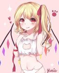  arm_behind_back artist_name bangs bare_shoulders blonde_hair bra cat_cutout cat_ear_panties cat_lingerie cleavage_cutout closed_mouth collarbone eyebrows_visible_through_hair fang flandre_scarlet flat_chest groin hair_ribbon hand_to_own_mouth hand_up midriff navel orange_eyes panties paw_print red_ribbon ribbon side_ponytail sparkle stomach touhou underwear underwear_only white_bra white_panties wings yuria_(kittyluv) 