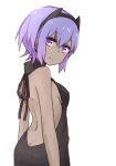 1girl ass assassin_(fate/prototype_fragments) backless_outfit bangs bare_back black_sweater blush breasts butt_crack closed_mouth dress eyebrows_visible_through_hair fate/prototype fate/prototype:_fragments_of_blue_and_silver fate_(series) from_side hair_between_eyes halterneck i.u.y looking_at_viewer naked_sweater no_bra no_panties open-back_dress purple_hair ribbed_sweater short_hair sideboob simple_background small_breasts solo sweater sweater_dress turtleneck turtleneck_sweater virgin_killer_sweater white_background