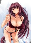  1girl absurdres bending_forward bra breasts cleavage fate/grand_order fate_(series) for-u highres large_breasts long_hair looking_at_mirror looking_at_viewer mirror navel panties pulled_by_self purple_hair red_bra red_eyes red_panties scathach_(fate/grand_order) side-tie_panties smile solo strap_pull underwear underwear_only very_long_hair 