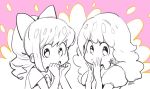  2girls aida_(osomatsu-san) artist_name banchi bow dress extra hair_bow hands_on_own_face looking_at_viewer multiple_girls open_mouth osomatsu-san pink_background sachiko_(osomatsu-san) short_hair simple_background 