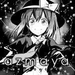  1girl artist_name azuma_aya bow commentary_request constellation facing_viewer greyscale hat hat_bow hat_ribbon looking_at_viewer monochrome necktie ribbon smile solo star touhou translation_request upper_body usami_renko 