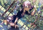  1girl absurdres arm_up black_legwear blue_dress blush braid dress dutch_angle food fruit grapes hair_over_shoulder highres huge_filesize kantoku long_hair looking_at_viewer open_mouth outdoors purple_hair scan sitting solo stepladder sunlight thigh-highs twin_braids violet_eyes 