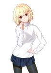  1girl ahoge arcueid_brunestud asymmetrical_hair blonde_hair breasts hand_on_hip highres jewelry long_sleeves looking_at_viewer miniskirt necklace pantyhose red_eyes simple_background skirt solo sweater tsukihime turtleneck turtleneck_sweater white_background xingye_you_xia 