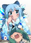  (9) blue_eyes blue_hair blush bow calligraphy_brush cirno daiyousei do_(4-rt) doyagao face_painting green_hair hair_bow heart highres ice ice_wings japanese_clothes kimono lap_pillow looking_up no_eyes obi paintbrush sash shadow short_hair side_ponytail sitting snowflake_print tabi touhou translated wariza wings zouri 