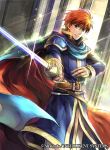  1boy blue_eyes cape copyright_name eliwood_(fire_emblem) fire_emblem fire_emblem:_rekka_no_ken fire_emblem_cipher light_rays looking_at_viewer male_focus official_art rapier redhead solo standing sword wada_sachiko wadadot_lv weapon 