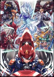  2girls 4boys ancient_fairy_dragon assault_visor black-winged_dragon black_pants black_rose_dragon blonde_hair blue_eyes blue_jacket brown_jacket coat collarbone crow_hogan d-wheel dragon dress duel_monster everyone facial_mark fingerless_gloves fudo_yusei garter_straps gloves green_hair helmet highres jack_atlas jacket kisuzu_th319 long_neck lua_(yu-gi-oh!) luca_(yu-gi-oh!) male_focus medium_hair motor_vehicle motorcycle multiple_boys multiple_girls non-humanoid_robot orange_hair pants power_tool_dragon red_dragon_archfiend red_dress red_helmet redhead robot robot_dragon shirt stardust_dragon twintails white_coat wings yellow_shirt yu-gi-oh! yu-gi-oh!_5d's 