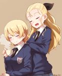  2girls assam black_ribbon blonde_hair blush closed_eyes cup darjeeling eyebrows_visible_through_hair girls_und_panzer hair_ribbon highres kapatarou long_hair multiple_girls open_mouth ribbon short_hair smile steam teacup twitter_username 