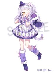  1girl ;d animal_ear_hairband animal_ears apron arched_bangs bell black_capelet black_hat blush bow bowtie capelet cat_ear_hairband cat_ears cat_tail commentary_request copyright_notice dress fake_animal_ears fingerless_gloves frilled_hairband frills full_body fur-trimmed_capelet fur-trimmed_leg_warmers fur_trim gloves grey_hair hairband hat high_heels highres hololive leg_warmers lolita_hairband long_hair looking_at_viewer maid maid_apron mini_hat mini_witch_hat murasaki_shion name_tag noi_mine official_alternate_costume official_art one_eye_closed open_mouth pink_bow pink_bowtie pointy_footwear purple_dress purple_gloves purple_hairband purple_leg_warmers sample_watermark short_dress short_eyebrows short_sleeves sidelocks simple_background smile smug solo standing standing_on_one_leg tail tail_bell tail_ornament tilted_headwear twintails virtual_youtuber watermark white_apron white_background white_hairband witch_hat wrist_cuffs yellow_eyes 
