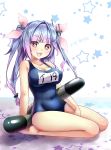  1girl blue_hair blue_swimsuit breasts cleavage covered_navel full_body gradient_hair hair_ribbon highres i-19_(kantai_collection) kantai_collection large_breasts long_hair looking_at_viewer multicolored_hair name_tag omoomomo one-piece_swimsuit open_mouth purple_hair red_eyes ribbon school_swimsuit sitting smile solo swimsuit symbol-shaped_pupils tri_tails twintails wariza 