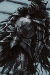  armor ars_lycorys black_souls blade_runner_2049 blood blood_on_clothes cape feathers grimm_(black_souls) helmet highres looking_up lying metal_gloves snow stairs 