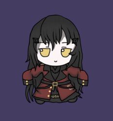  1girl black_dress black_hair character_doll closed_mouth coat commentary commission dandelion_(girls'_frontline) doll dress full_body fumo_(doll) girls_frontline griffin_&amp;_kryuger_military_uniform hair_between_eyes hair_ornament long_hair looking_at_viewer mosin_m1891 purple_background red_coat simple_background sleeves_past_fingers sleeves_past_wrists smile solo yellow_eyes 