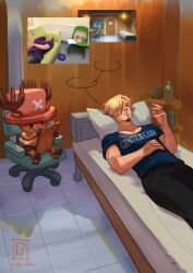  2boys antlers_through_headwear black_pants black_shorts blank_speech_bubble blonde_hair blue_shirt chair clipboard collarbone commentary curly_eyebrows dated english_commentary facial_hair goatee hair_over_one_eye hand_on_own_stomach hat highres holding holding_clipboard in-universe_location indoors jacket_mine lying male_focus multiple_boys office_chair on_back on_bed on_chair one_eye_covered one_piece pants parted_lips photo_inset red_hat reference_inset sanji_(one_piece) shirt short_hair shorts signature sitting speech_bubble striped_clothes striped_shirt swivel_chair t-shirt therapy tony_tony_chopper vertical-striped_clothes vertical-striped_shirt white_shirt writing yellow_shirt 