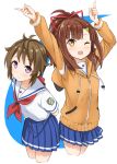  2girls ;d abe_kanari ahoge arms_behind_back arms_up bangs blue_skirt brown_eyes brown_hair cowboy_shot cropped_legs emblem hair_ornament hair_ribbon hairclip high_school_fleet hood hood_down hooded_jacket index_finger_raised irizaki_mei jacket long_hair long_sleeves looking_up multiple_girls neckerchief one_eye_closed open_mouth pleated_skirt pointing pointing_up ponytail ribbon school_uniform serafuku short_sleeves skirt smile violet_eyes yagi_tsugumi zipper 