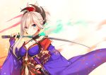  1girl blue_eyes blush breasts detached_sleeves fate/grand_order fate_(series) hair_ornament japanese_clothes katana kimono large_breasts looking_at_viewer miyamoto_musashi_(fate/grand_order) ponytail sash smile solo sword toosaka_asagi weapon 