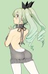  1girl anchovy ass backless_outfit butt_crack dress drill_hair from_behind girls_und_panzer green_hair leggings looking_at_viewer looking_back nakasone_haiji open-back_dress red_eyes sweater sweater_dress twin_drills virgin_killer_sweater white_legwear 