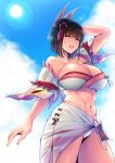  1girl arm_up black_hair breasts cleavage highres large_breasts lips looking_at_viewer mole mole_under_mouth navel nemu_(nora) red_eyes short_hair smile solo sunlight swimsuit thighs 