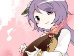  1girl biwa_lute blush_stickers commentary_request hair_ornament hammer_(sunset_beach) instrument long_hair looking_at_viewer lute_(instrument) musical_note smile solo touhou tsukumo_benben upper_body violet_eyes 