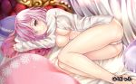  1girl arm_pillow bangs bare_legs barefoot bed breasts closed_mouth curtains eyelashes fate/grand_order fate_(series) haguda_tofu_(hakudatofu) hair_over_one_eye lace light_particles long_legs long_sleeves looking_at_viewer lying medium_breasts no_bra no_pants on_bed on_side open_clothes open_shirt panties pillow pink_hair red_eyes shielder_(fate/grand_order) shirt short_hair sleeves_past_wrists smile solo star star_print swept_bangs underwear white_panties white_shirt 
