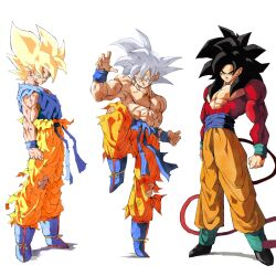 1boy abs black_hair blonde_hair blue_footwear blue_shirt body_fur boots dragon_ball dragon_ball_gt dragon_ball_super dragon_ball_z fighting_stance green_eyes grey_eyes grey_hair highres long_hair male_focus monkey_tail multiple_views orange_pants pants pato007711 red_fur shirt simple_background son_goku spiky_hair super_saiyan super_saiyan_4 tail topless_male torn_clothes torn_pants ultra_instinct white_background yellow_eyes