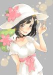  1girl black_hair female_protagonist_(pokemon_sm) flower hat hat_flower miimmiim3333 on_shoulder open_mouth pokemon pokemon_(creature) pokemon_(game) pokemon_sm shaymin shirt short_hair short_sleeves sun_hat white_hat white_shirt 