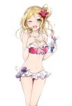  1girl ;d bikini blonde_hair braid breasts cleavage cowboy_shot crown_braid cup drinking_glass flower frilled_bikini frills hair_flower hair_ornament hair_rings hand_on_own_chest long_hair love_live! love_live!_sunshine!! nangolf navel ohara_mari one_eye_closed open_mouth simple_background smile solo sunglasses sunglasses_removed swimsuit white_background yellow_eyes 