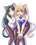  2girls ahoge animal_ears bangs black_hair black_leotard blonde_hair blue_bow blue_bowtie blunt_bangs bow bowtie breasts brown_eyes cat_ears cat_tail cleavage detached_collar facing_viewer gluteal_fold hands_on_own_knees kittysuit leaning_forward looking_at_viewer multiple_girls open_mouth original pantyhose red_leotard tail tonpuu violet_eyes white_background white_bow white_bowtie wrist_cuffs 