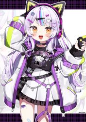  1girl black_choker black_shirt blunt_bangs blush cat_hair_ornament choker commentary_request controller cowboy_shot decora game_controller grey_hair hair_ornament hairclip half-skirt hand_on_own_head hand_up heart heart_hair_ornament highres holding holding_controller holding_game_controller hololive jacket long_hair long_sleeves looking_at_viewer miniskirt murasaki_shion murasaki_shion_(8th_costume) noi_mine official_alternate_costume official_alternate_hairstyle open_clothes open_jacket open_mouth paw_hair_ornament print_shirt shirt short_eyebrows sidelocks skirt smug solo t-shirt teeth thigh_marking thigh_strap twitter_username two-sided_fabric two-sided_jacket upper_teeth_only virtual_youtuber wavy_hair white_jacket yellow_eyes zoom_layer 
