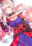  1girl asymmetrical_hair bare_shoulders blue_eyes blush breasts choker cleavage detached_sleeves earrings elbow_pads fate/grand_order fate_(series) floral_print hair_ornament hakuishi_aoi japanese_clothes jewelry katana large_breasts long_hair long_sleeves looking_at_viewer magatama miyamoto_musashi_(fate/grand_order) pink_hair ponytail sash smile solo sword weapon 