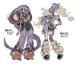 2girls absurdly_long_hair arbok artist_name baggy_pants black_hair braid character_name commentary_request dark-skinned_female dark_skin detached_sleeves earrings fingernails forked_tongue full_body hair_bun harurie highres holding_own_arm hoop_earrings jewelry long_fingernails long_hair loose_socks mask mouth_mask multicolored_hair multiple_girls one_side_up pants personification pokemon purple_hair purple_pants red_nails redhead sharp_fingernails simple_background single_braid single_side_bun socks streaked_hair tongue twitter_username very_long_hair weezing white_background 