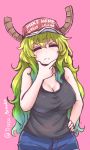  1girl baseball_cap blonde_hair breasts chin_stroking cleavage closed_eyes commentary disco_brando dragon_girl gradient_hair green_hair hand_on_hip hat headwear_writing kobayashi-san_chi_no_maidragon large_breasts make_america_great_again multicolored_hair pink_background quetzalcoatl_(maidragon) shorts simple_background solo source_quote_parody tank_top twitter_username wavy_hair 