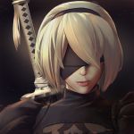  1girl black_dress black_hairband blindfold covered_eyes dress eufrik hair_over_one_eye hairband juliet_sleeves katana lips long_sleeves mole mole_under_mouth nier_(series) nier_automata nose pink_lips portrait puffy_sleeves short_hair silver_hair solo sword tassel weapon weapon_on_back yorha_no._2_type_b 