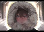  1boy backlighting bangs black_border black_hair blue_eyes blurry border breath closed_mouth depth_of_field free! fur_trim hair_between_eyes hana_bell_forest hood hooded_jacket jacket letterboxed looking_at_viewer male_focus nanase_haruka_(free!) portrait slit_pupils solo winter winter_clothes 